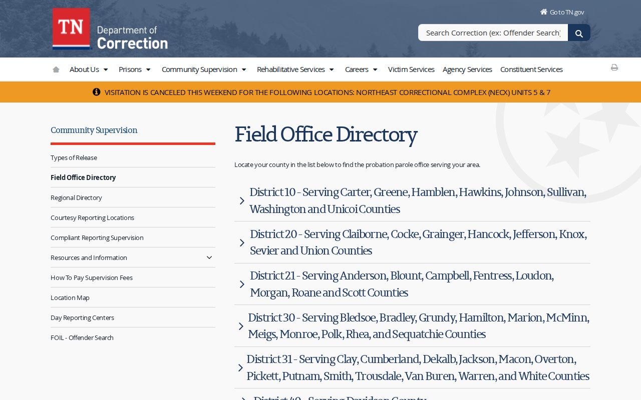 Claiborne County parole and probation District 20 New Tazewell office directory