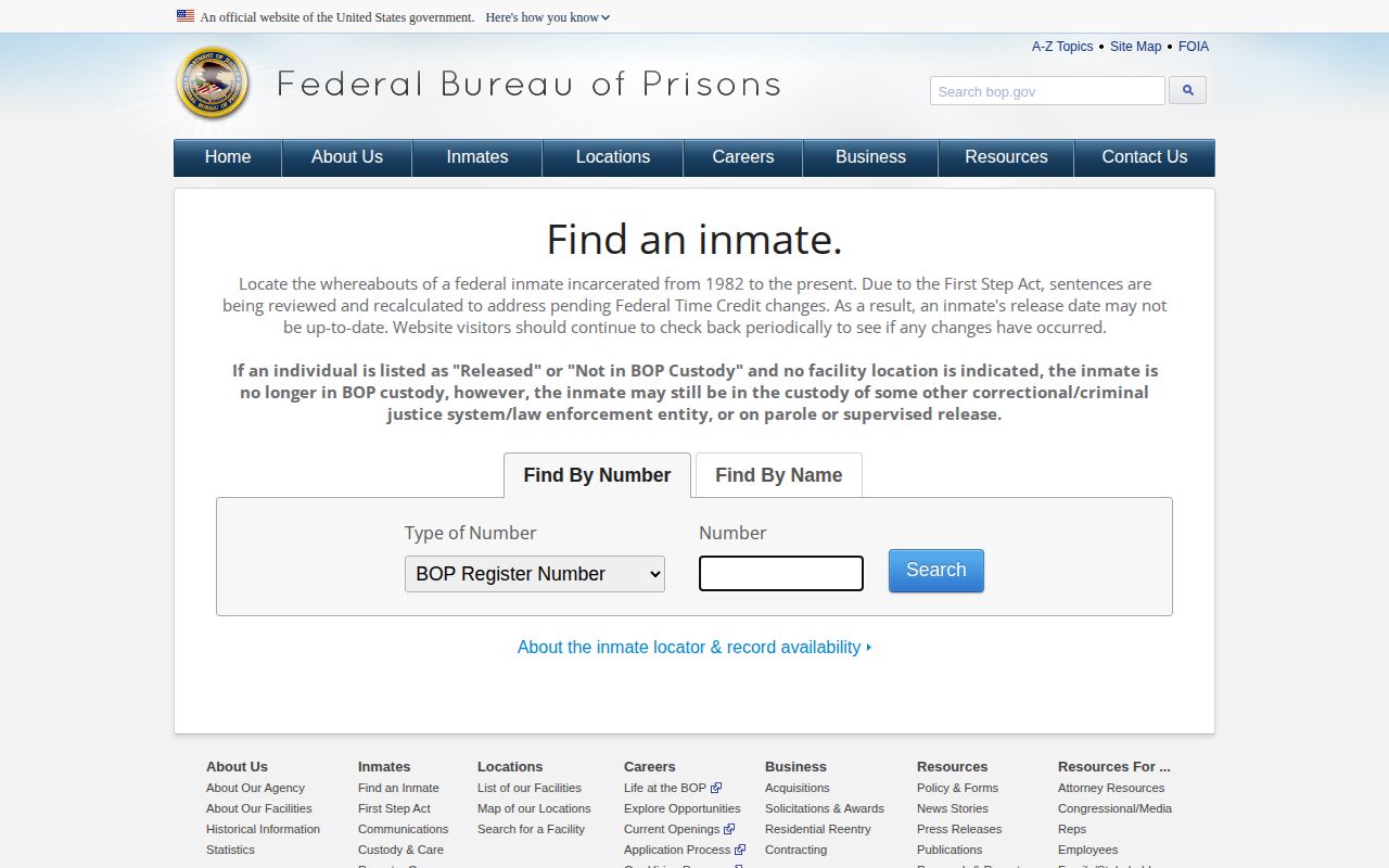Federal Bureau of Prisons release locator for a Claiborne County federal record